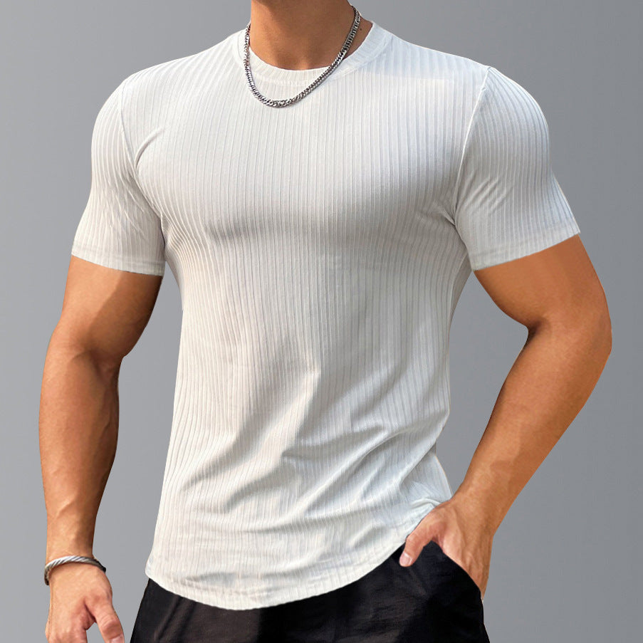 Slim Fit Stretch Gym Wear Solid Color Stripe Men's Short Sleeve T-Shirt for Sports Basketball Running Training Quick-Dry Base Layer Shirt