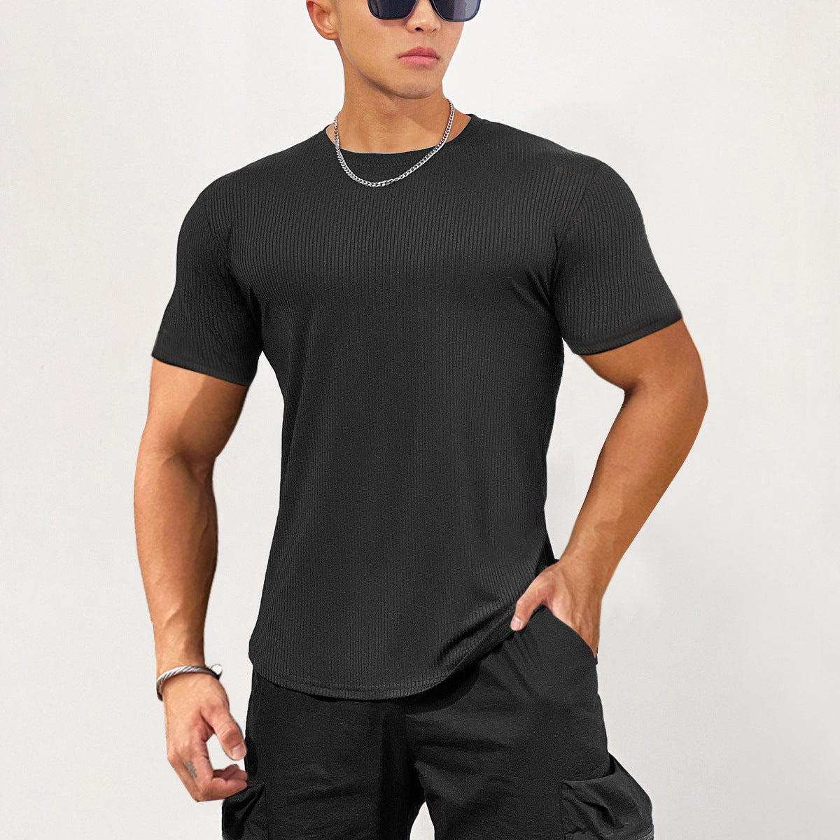Slim Fit Stretch Gym Wear Solid Color Stripe Men's Short Sleeve T-Shirt for Sports Basketball Running Training Quick-Dry Base Layer Shirt